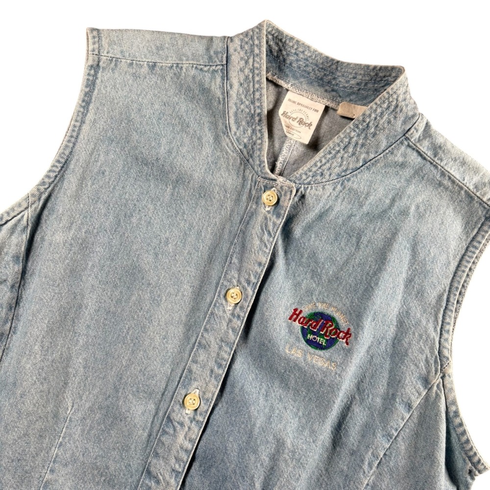 VTG Hard Rock Las Vegas Womens Light Wash Denim Vest Sz L Y2K Streetwear western